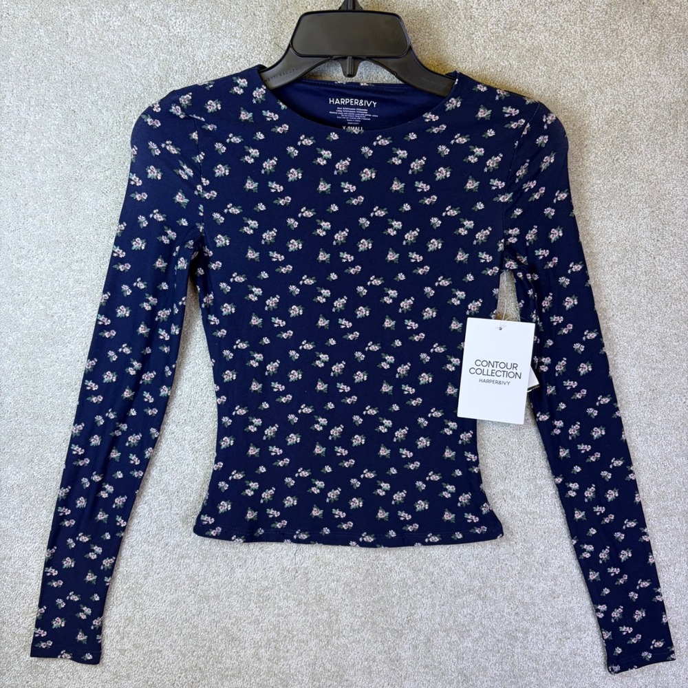 Harper & Ivy Contour Top Womens XS‎ Navy Floral Long Sleeve Crew Neck NEW